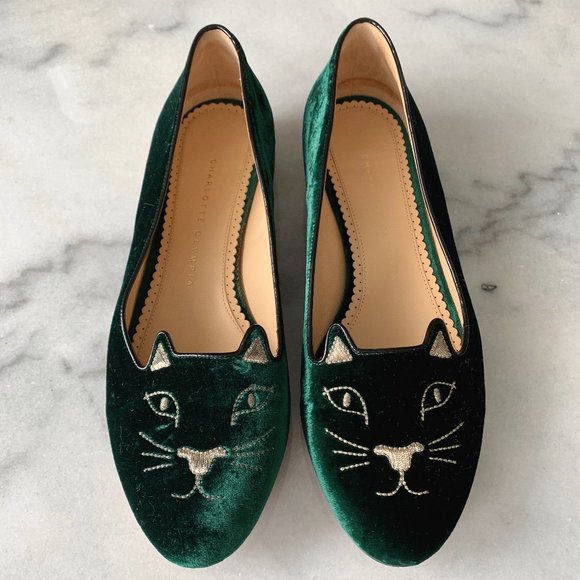 Charlotte Olympia Shoes - Charlotte Olympia Green Kitty Velvet Flats 39.5